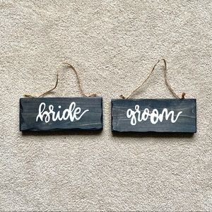 Rustic Wood Bride and Groom Wedding Reception Hanging Sign